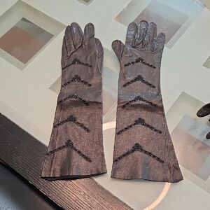 Embellished Long Black Leather Gloves